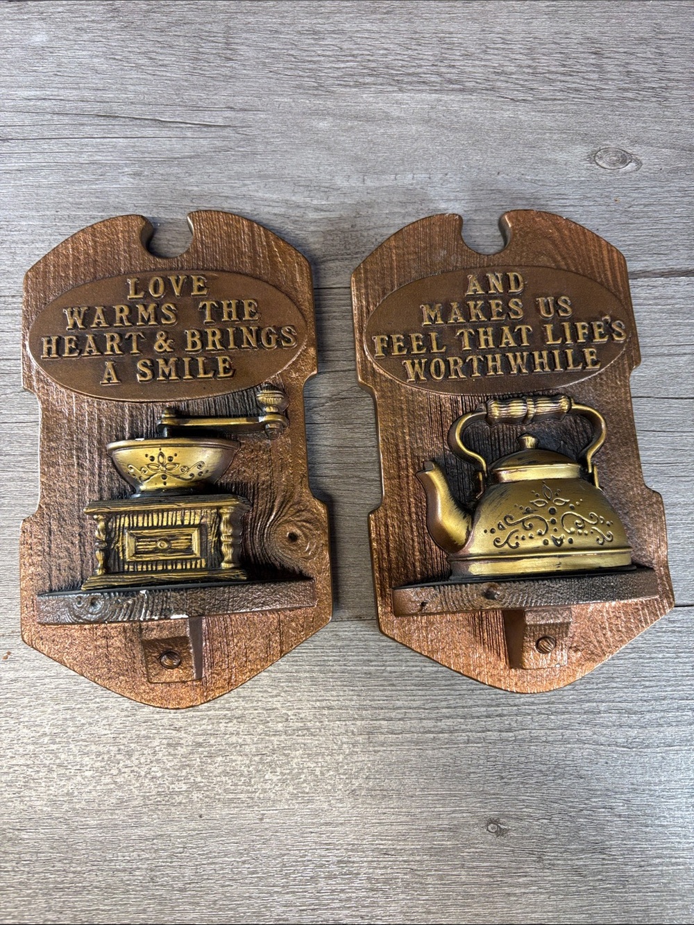 Vintage 1978 Bronze-Tone Chalkware Teapot & Coffee Grinder Wall